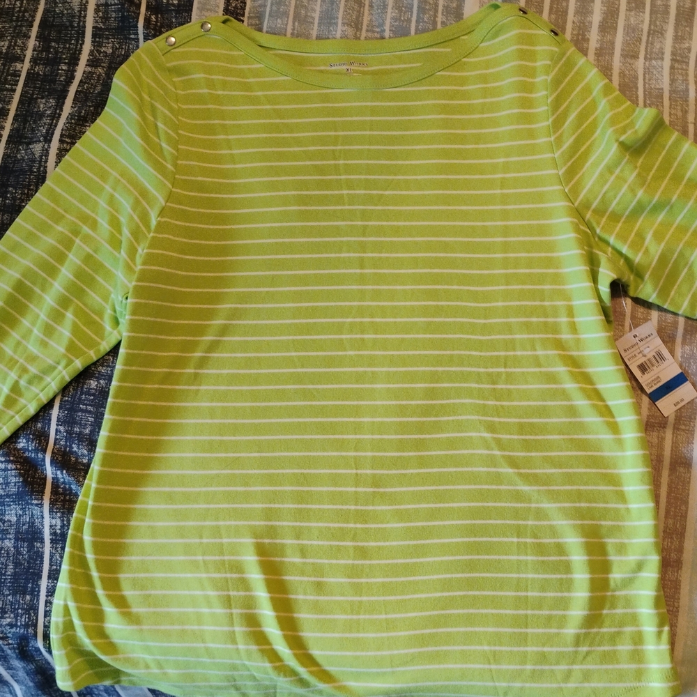Studio Works Light Lime Striped Long Sleeve Top